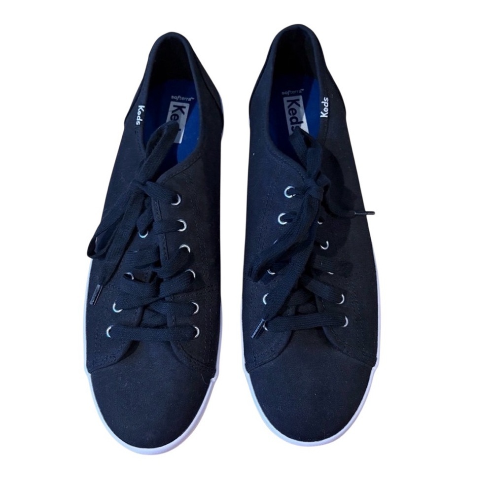 Women’s Keds Black Canvas Sneakers White Soles Black Stripe, Black Laces NWOT